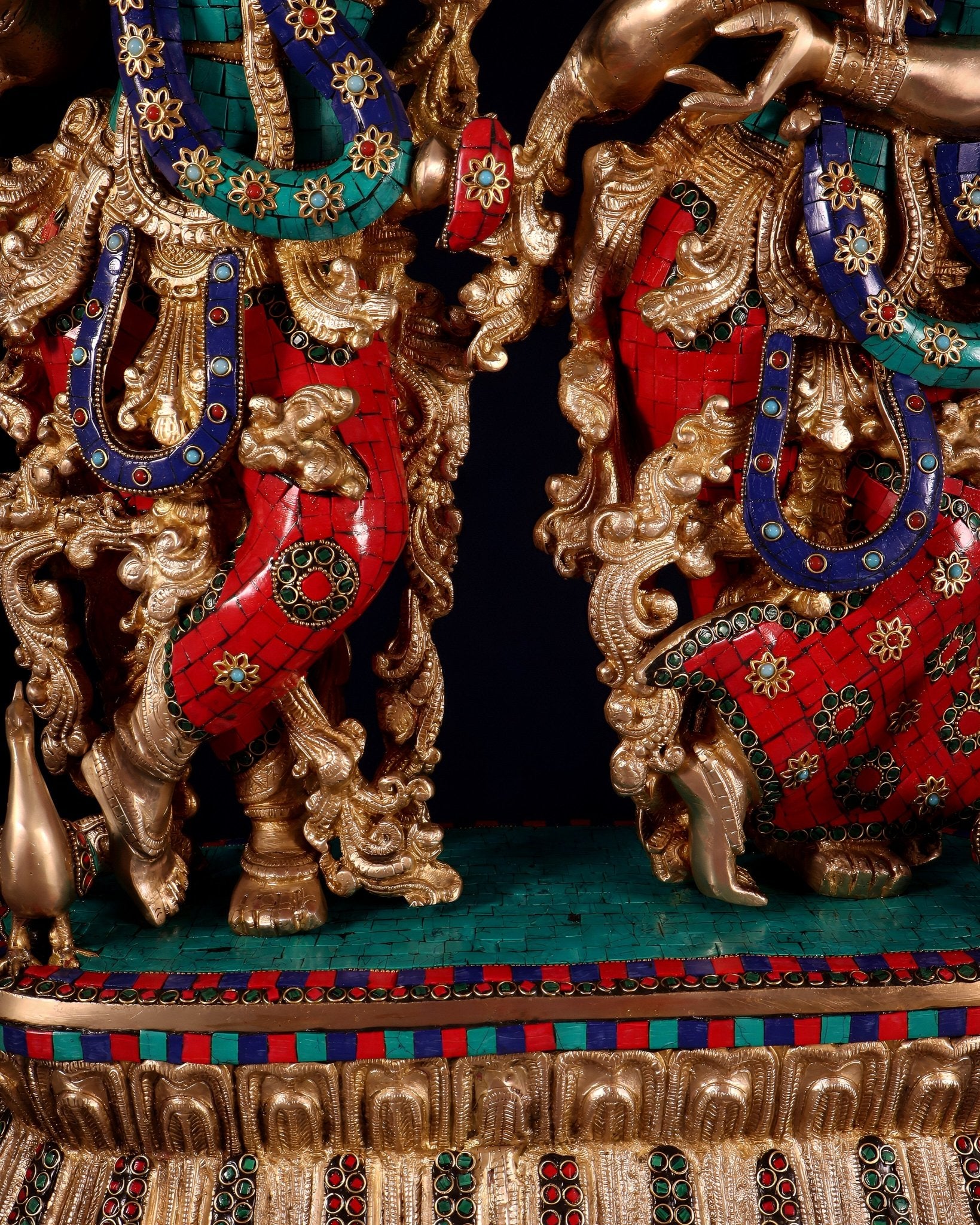 Pure Brass Radha Krishna Idol with Peacocks | Meenakari Stonework | 29 Inches - Budhshiv.com