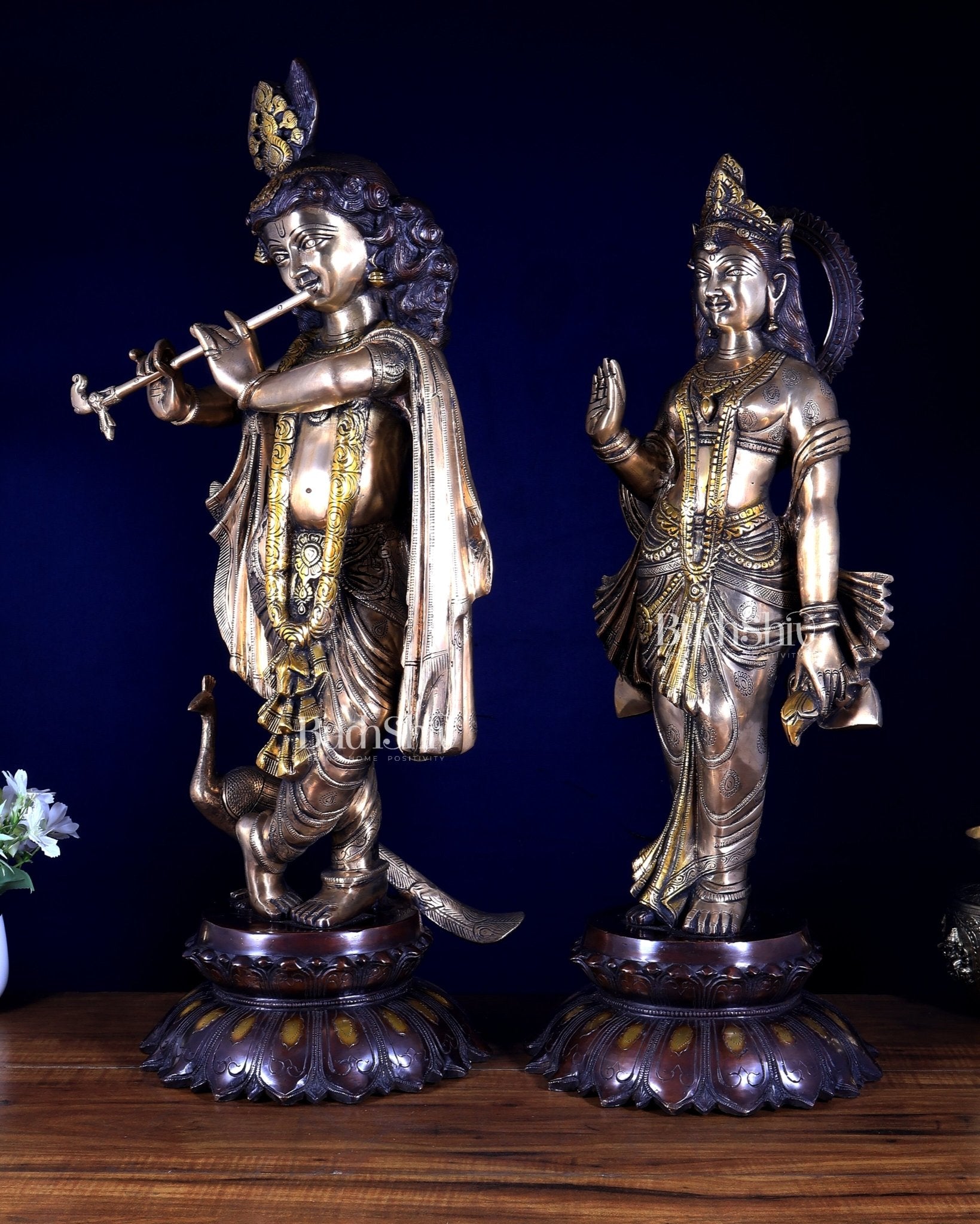 Pure Brass Radha Krishna idols 27 inch three tone - Budhshiv.com