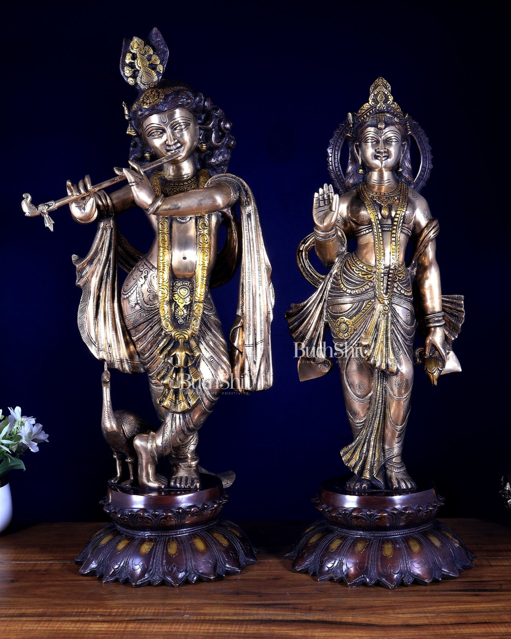 Pure Brass Radha Krishna idols 27 inch three tone - Budhshiv.com