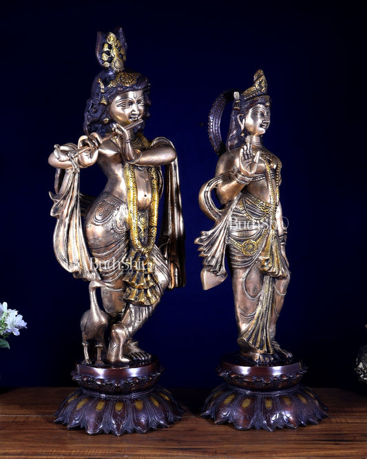 Pure Brass Radha Krishna idols 27 inch three tone - Budhshiv.com
