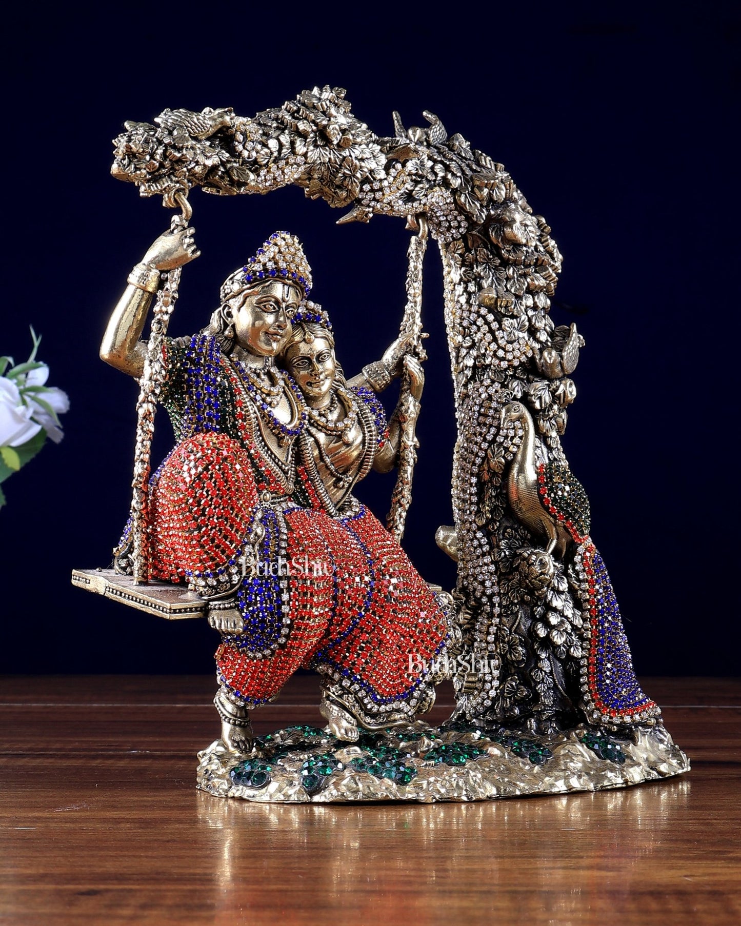 Pure Brass Radha Krishna idols on Swing 8" jewelled up - Budhshiv.com