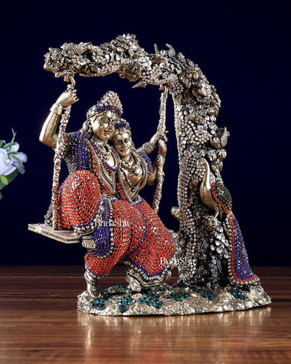 Pure Brass Radha Krishna idols on Swing 8" jewelled up - Budhshiv.com