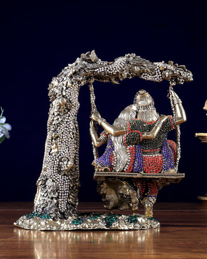 Pure Brass Radha Krishna idols on Swing 8" jewelled up - Budhshiv.com
