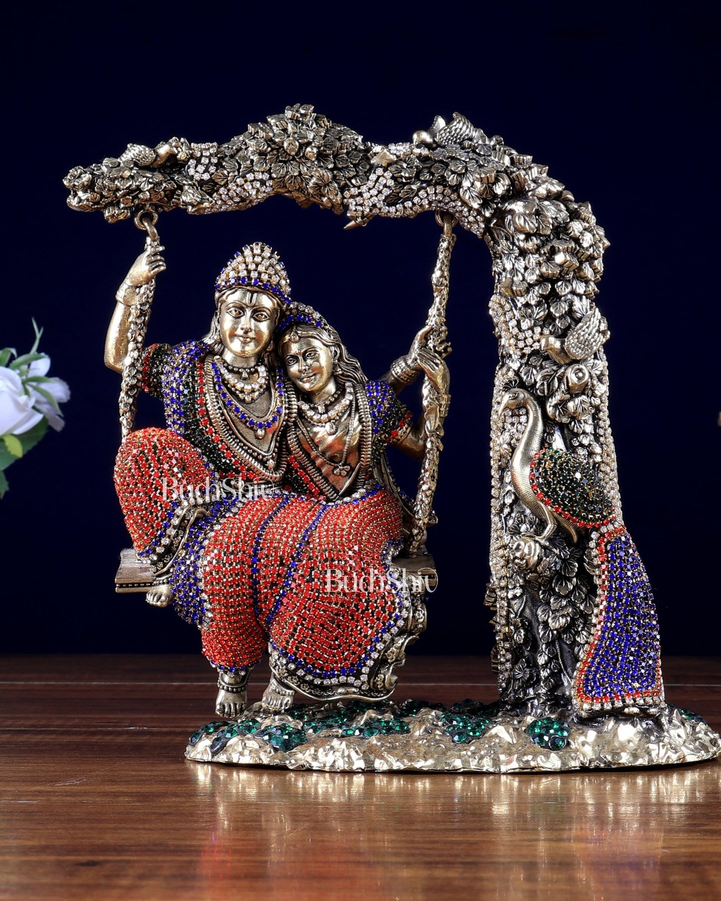 Pure Brass Radha Krishna idols on Swing 8" jewelled up - Budhshiv.com