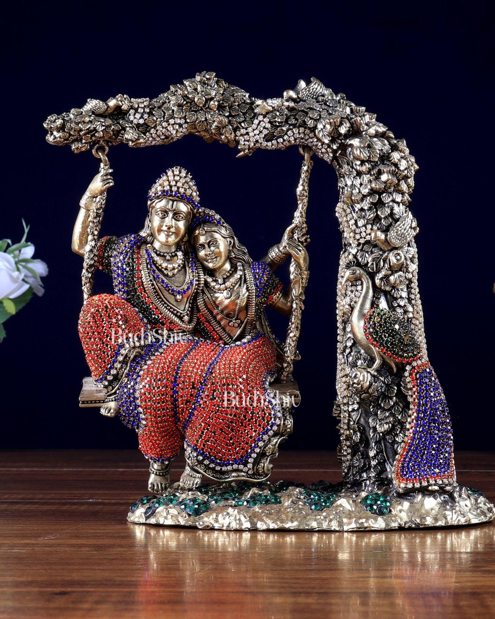 Pure Brass Radha Krishna idols on Swing 8" jewelled up - Budhshiv.com