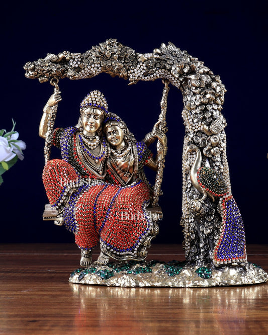 Pure Brass Radha Krishna idols on Swing 8" jewelled up - Budhshiv.com
