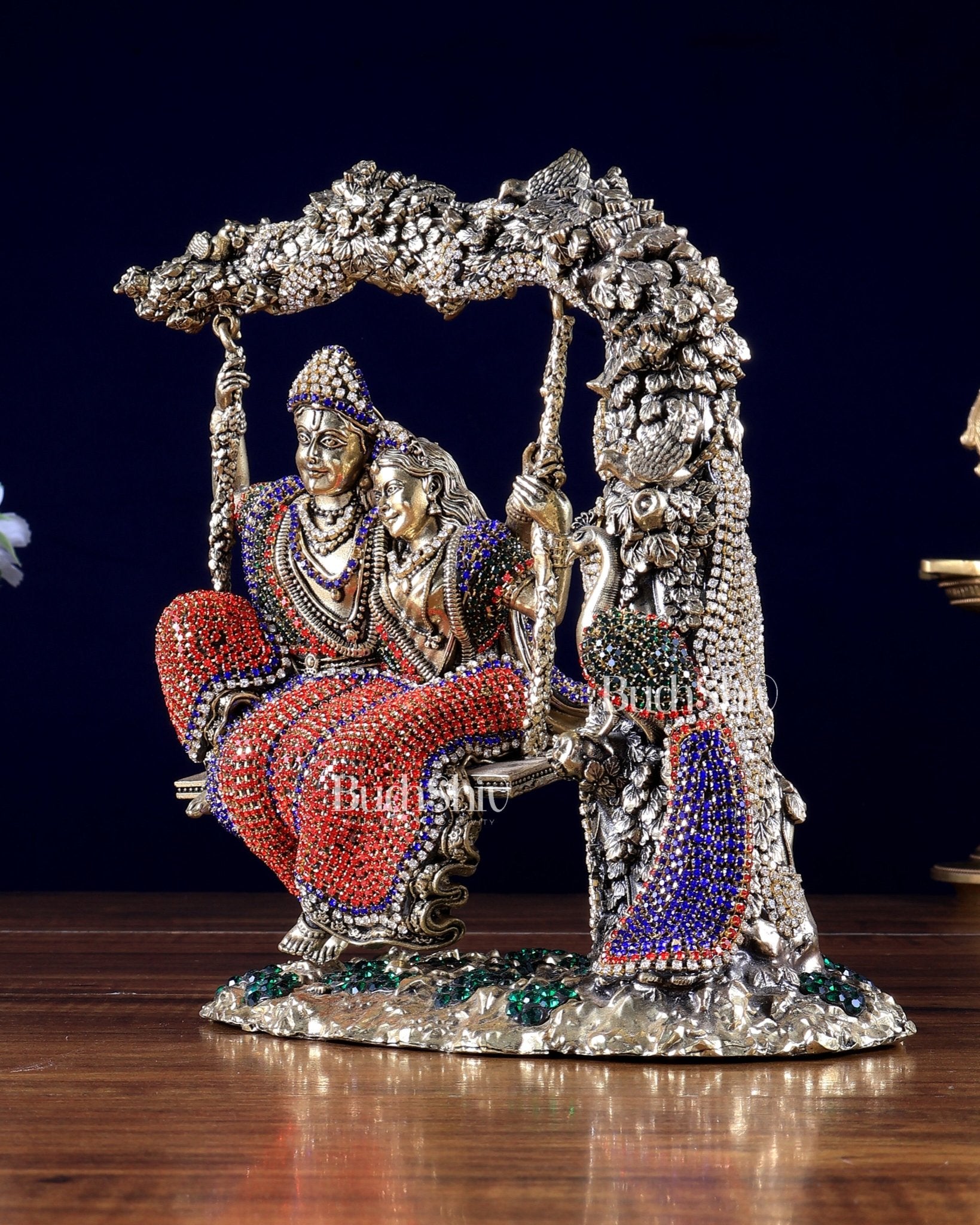 Pure Brass Radha Krishna idols on Swing 8" jewelled up - Budhshiv.com