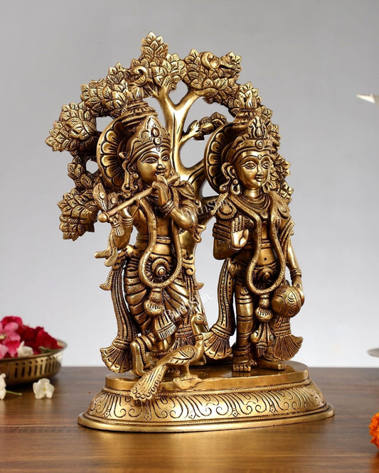 Pure Brass Radha Krishna Idols with Kalpavriksha Tree 14" - Budhshiv.com