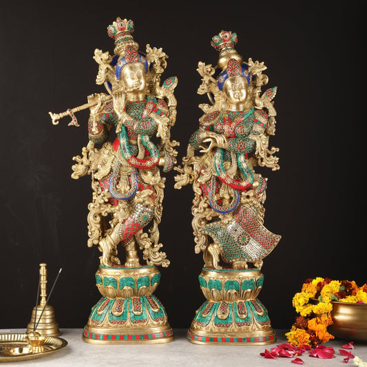 Pure Brass Radha Krishna Idols with Stonework | 30" - Budhshiv.com