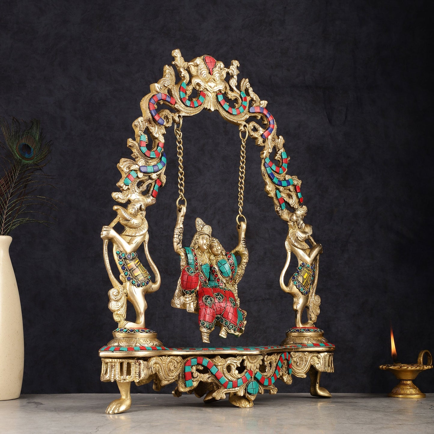 Pure Brass Radha Krishna on Swing - Handcrafted with Natural Stones 18 inch - Budhshiv.com