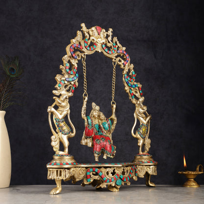 Pure Brass Radha Krishna on Swing - Handcrafted with Natural Stones 18 inch - Budhshiv.com