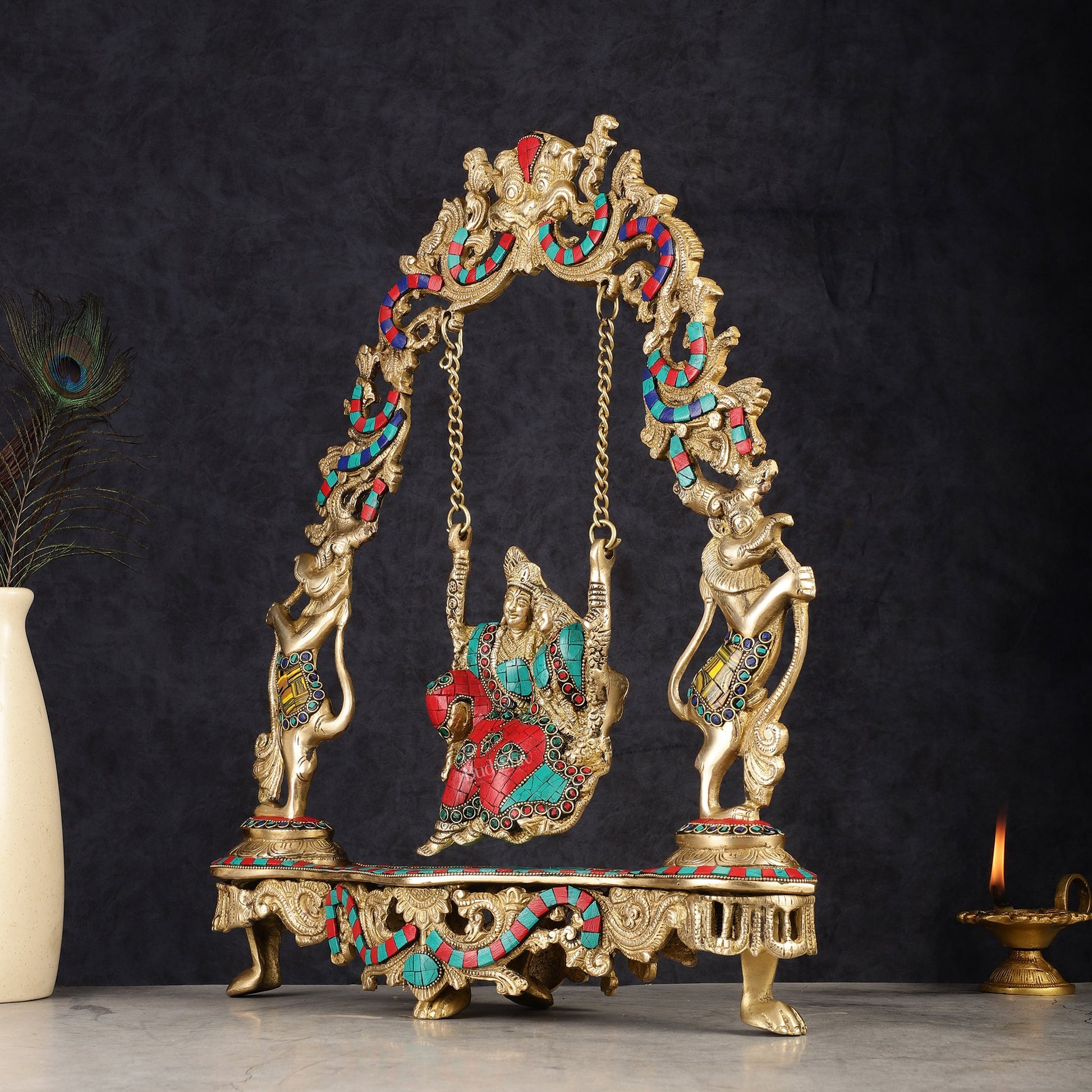 Pure Brass Radha Krishna on Swing - Handcrafted with Natural Stones 18 inch - Budhshiv.com