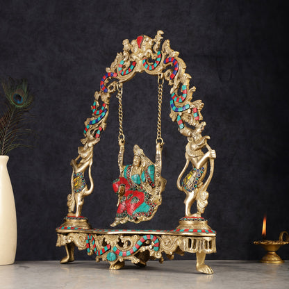 Pure Brass Radha Krishna on Swing - Handcrafted with Natural Stones 18 inch - Budhshiv.com