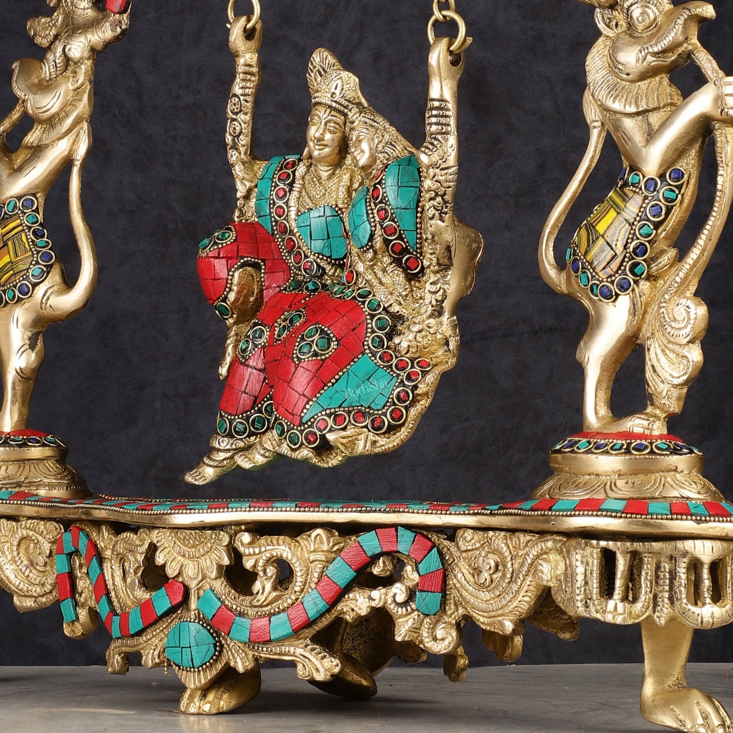 Pure Brass Radha Krishna on Swing - Handcrafted with Natural Stones 18 inch - Budhshiv.com