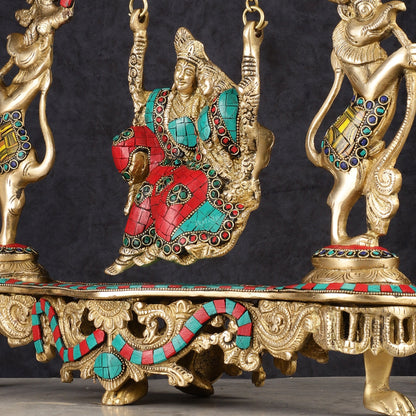 Pure Brass Radha Krishna on Swing - Handcrafted with Natural Stones 18 inch - Budhshiv.com