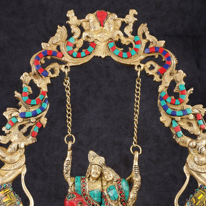 Pure Brass Radha Krishna on Swing - Handcrafted with Natural Stones 18 inch - Budhshiv.com