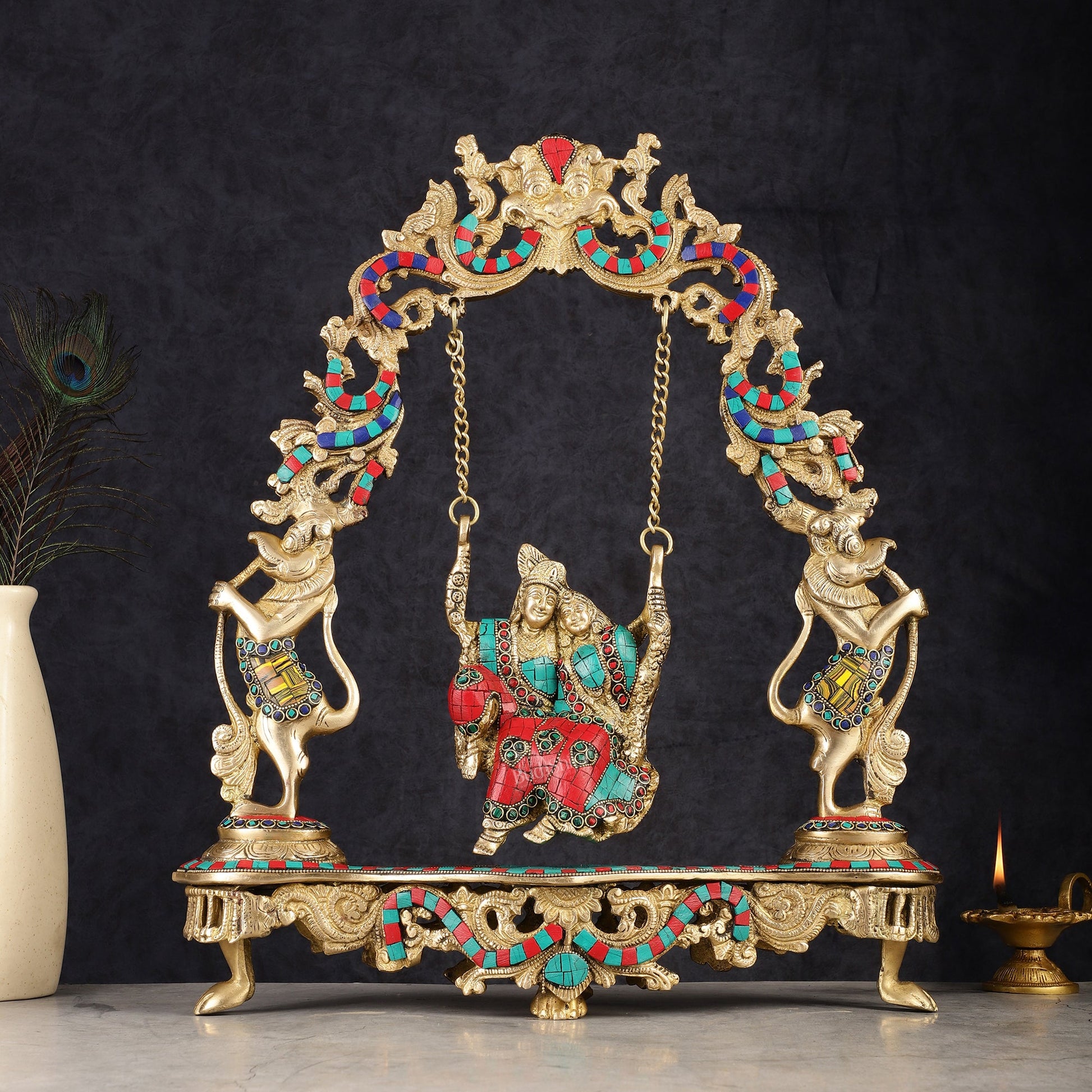 Pure Brass Radha Krishna on Swing - Handcrafted with Natural Stones 18 inch - Budhshiv.com