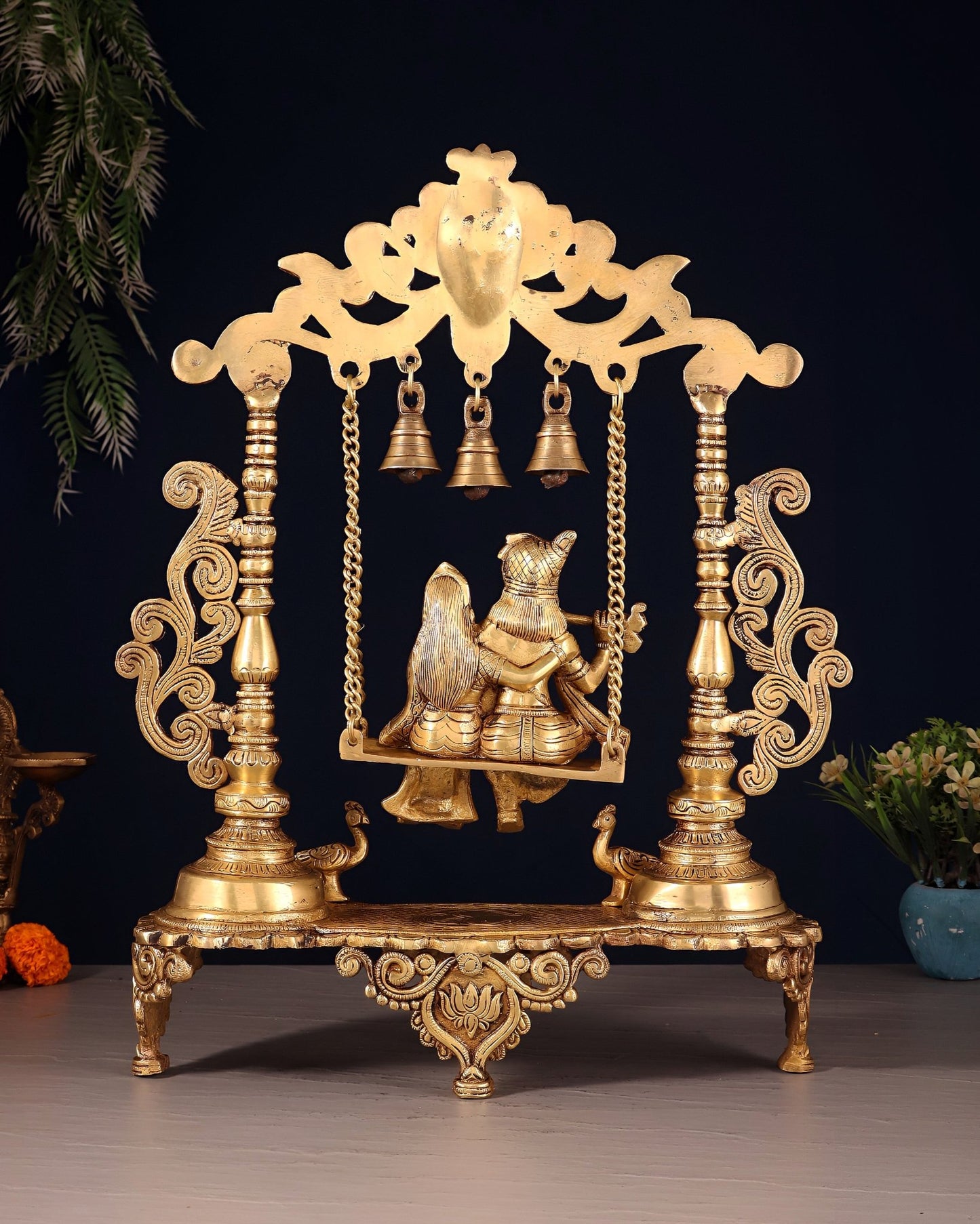 Pure Brass Radha Krishna on Swing with Twin Peacocks – Antique Finish 20" - Budhshiv.com