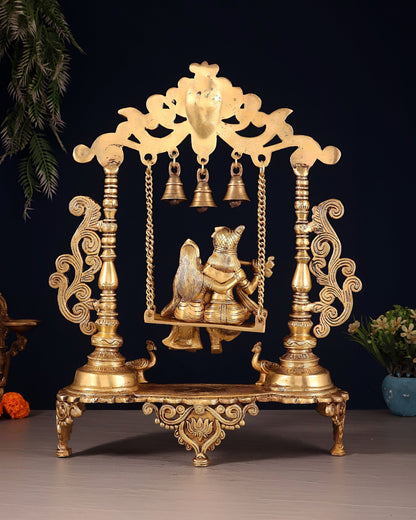 Pure Brass Radha Krishna on Swing with Twin Peacocks – Antique Finish 20" - Budhshiv.com