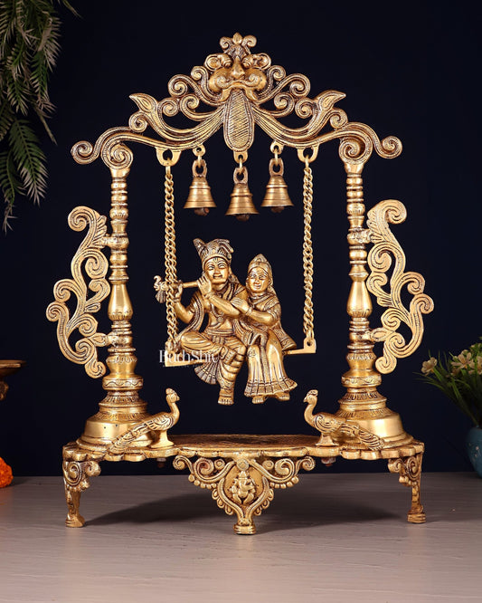 Pure Brass Radha Krishna on Swing with Twin Peacocks – Antique Finish 20" - Budhshiv.com