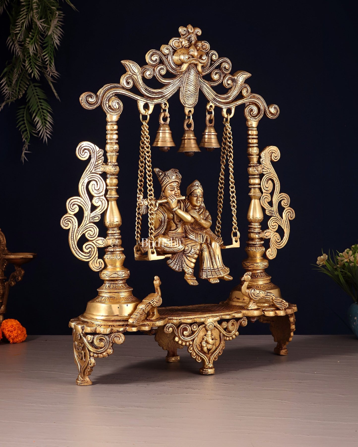 Pure Brass Radha Krishna on Swing with Twin Peacocks – Antique Finish 20" - Budhshiv.com