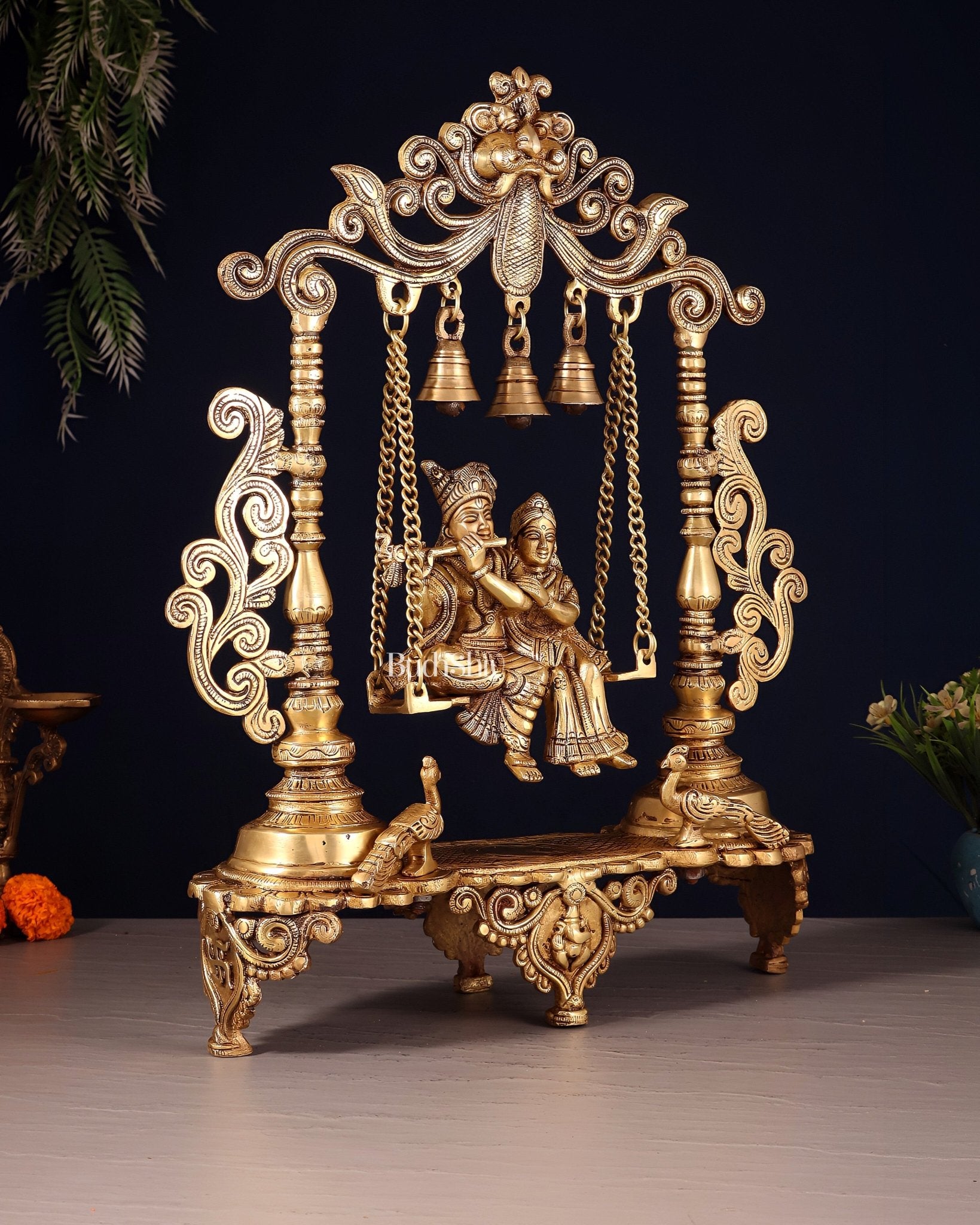 Pure Brass Radha Krishna on Swing with Twin Peacocks – Antique Finish 20" - Budhshiv.com