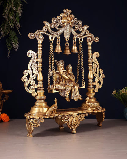 Pure Brass Radha Krishna on Swing with Twin Peacocks – Antique Finish 20" - Budhshiv.com