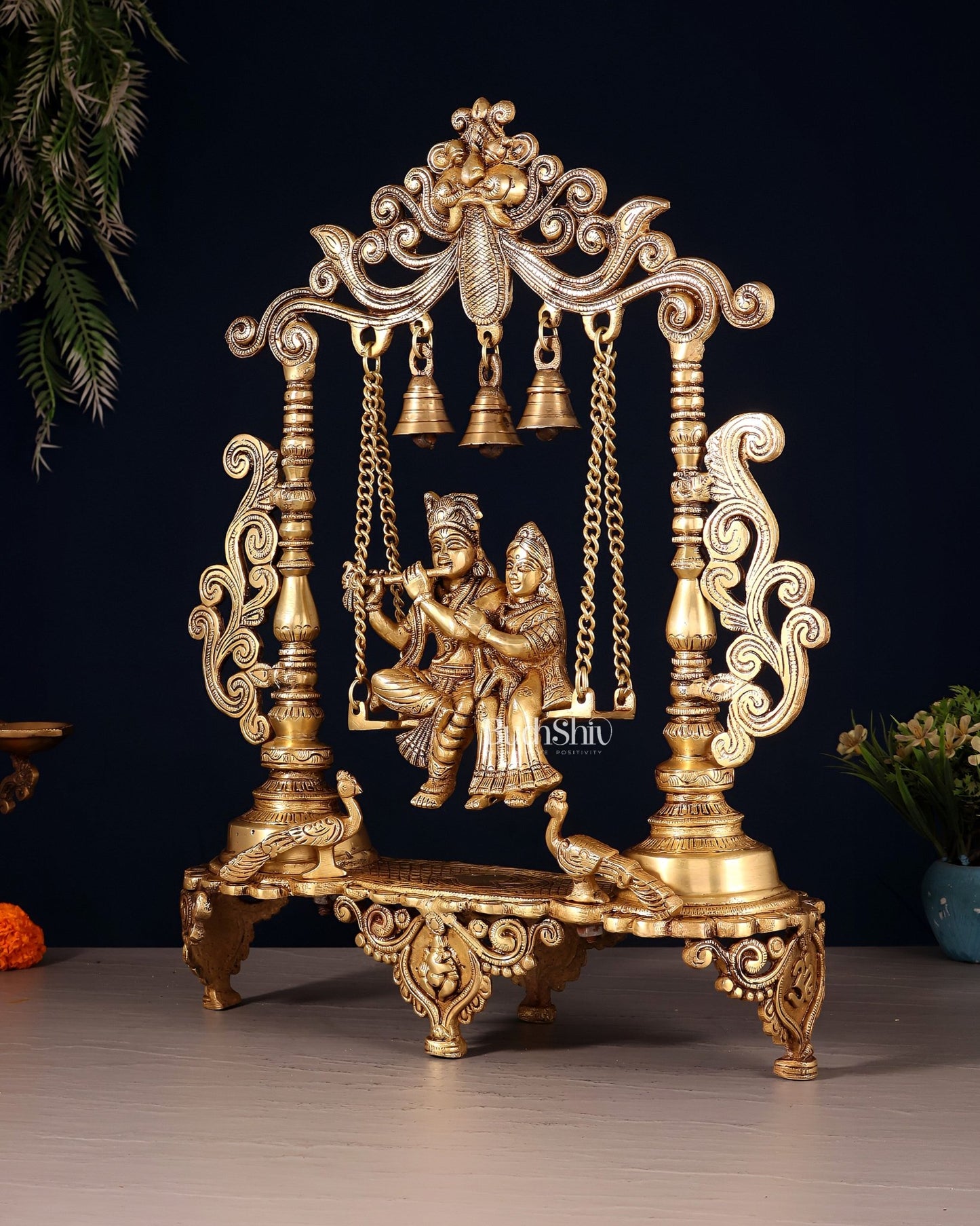 Pure Brass Radha Krishna on Swing with Twin Peacocks – Antique Finish 20" - Budhshiv.com