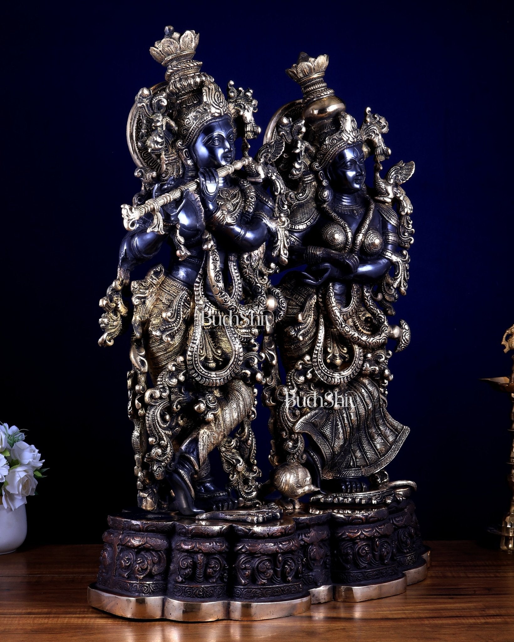 Pure Brass Radha Krishna Sculpture | 29" Black Edition, 40 kg - Budhshiv.com