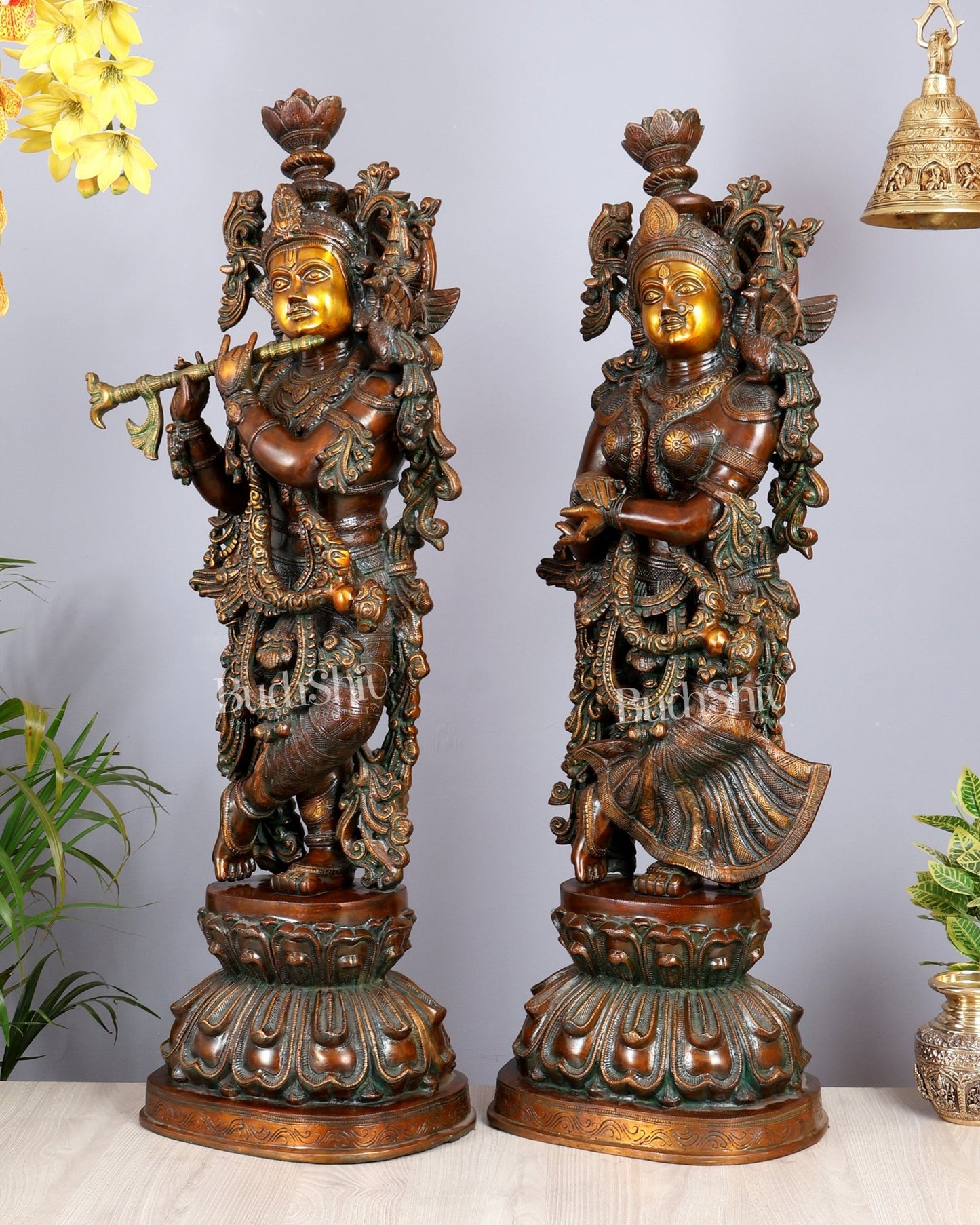 Pure Brass Radha Krishna Sculptures – Chola Style (Large Pair) 36" - Budhshiv.com