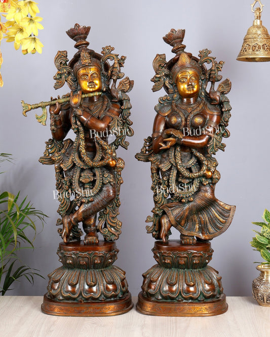 Pure Brass Radha Krishna Sculptures – Chola Style (Large Pair) 36" - Budhshiv.com