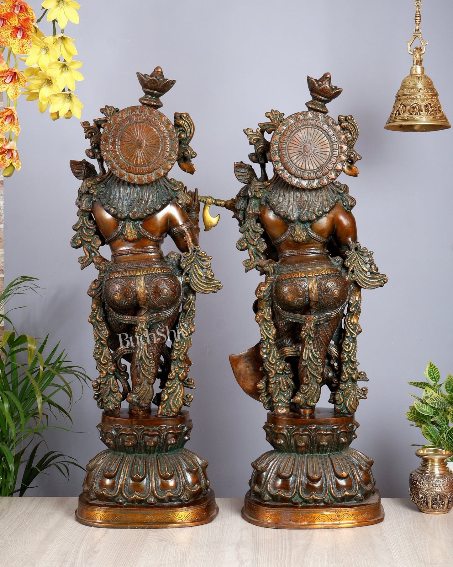 Pure Brass Radha Krishna Sculptures – Chola Style (Large Pair) 36" - Budhshiv.com