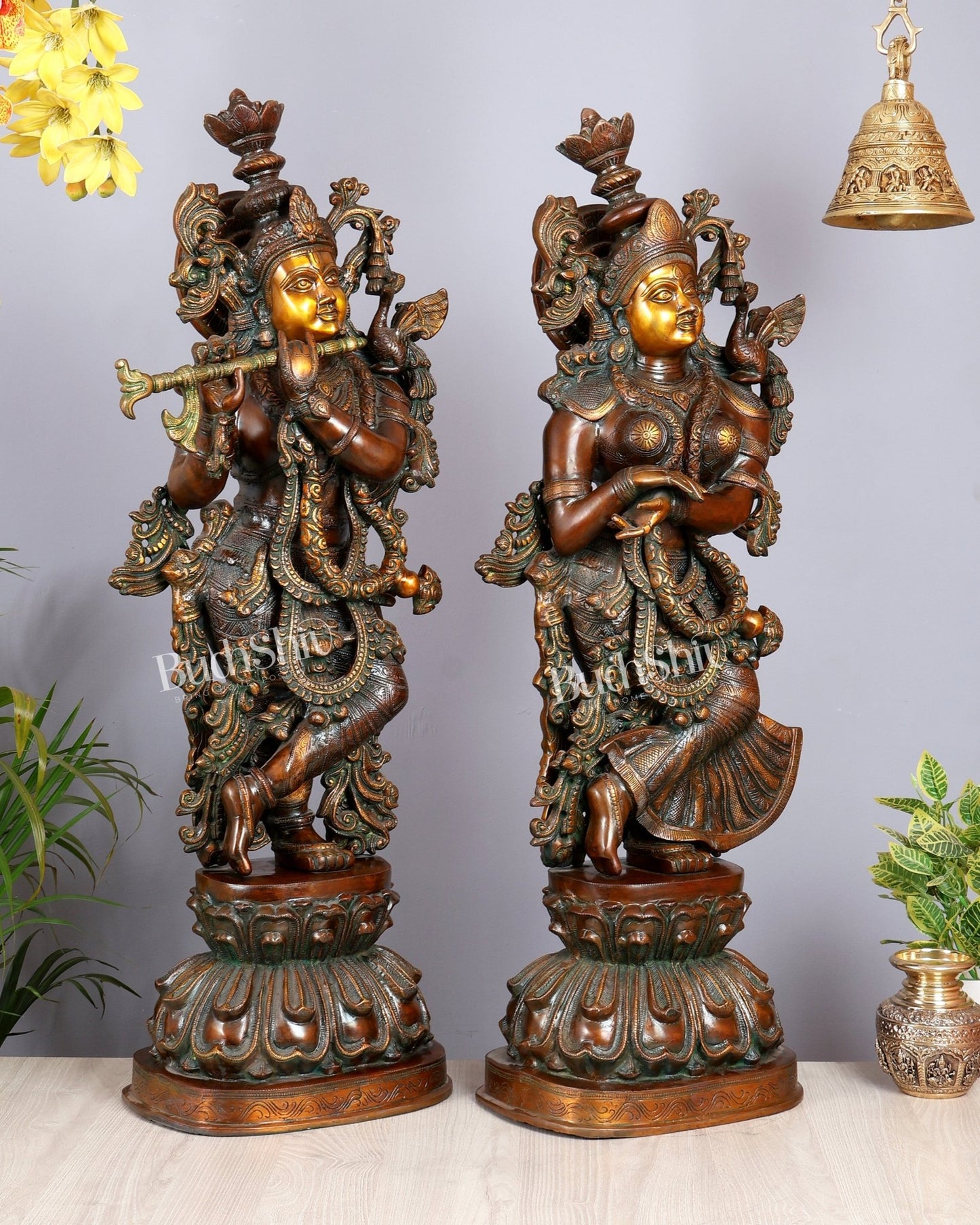 Pure Brass Radha Krishna Sculptures – Chola Style (Large Pair) 36" - Budhshiv.com