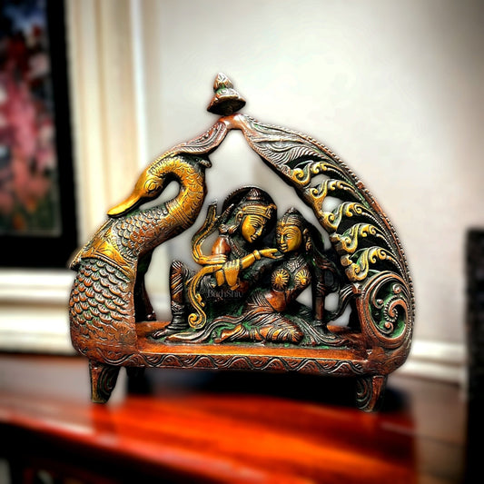 Pure Brass Radha Krishna Sitting on Peacock Boat Table Accent - Budhshiv.com