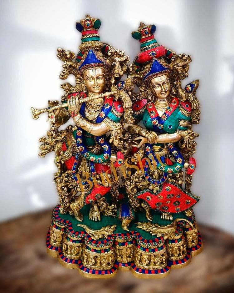 Pure Brass Radha Krishna Standing Idol – 29"x19"x12.5", - Budhshiv.com