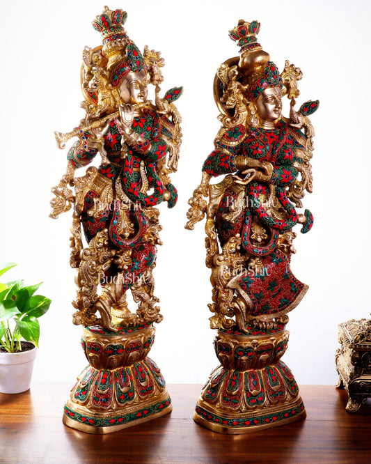 Pure Brass Radha Krishna Statue | 30" Floral stonework - Budhshiv.com