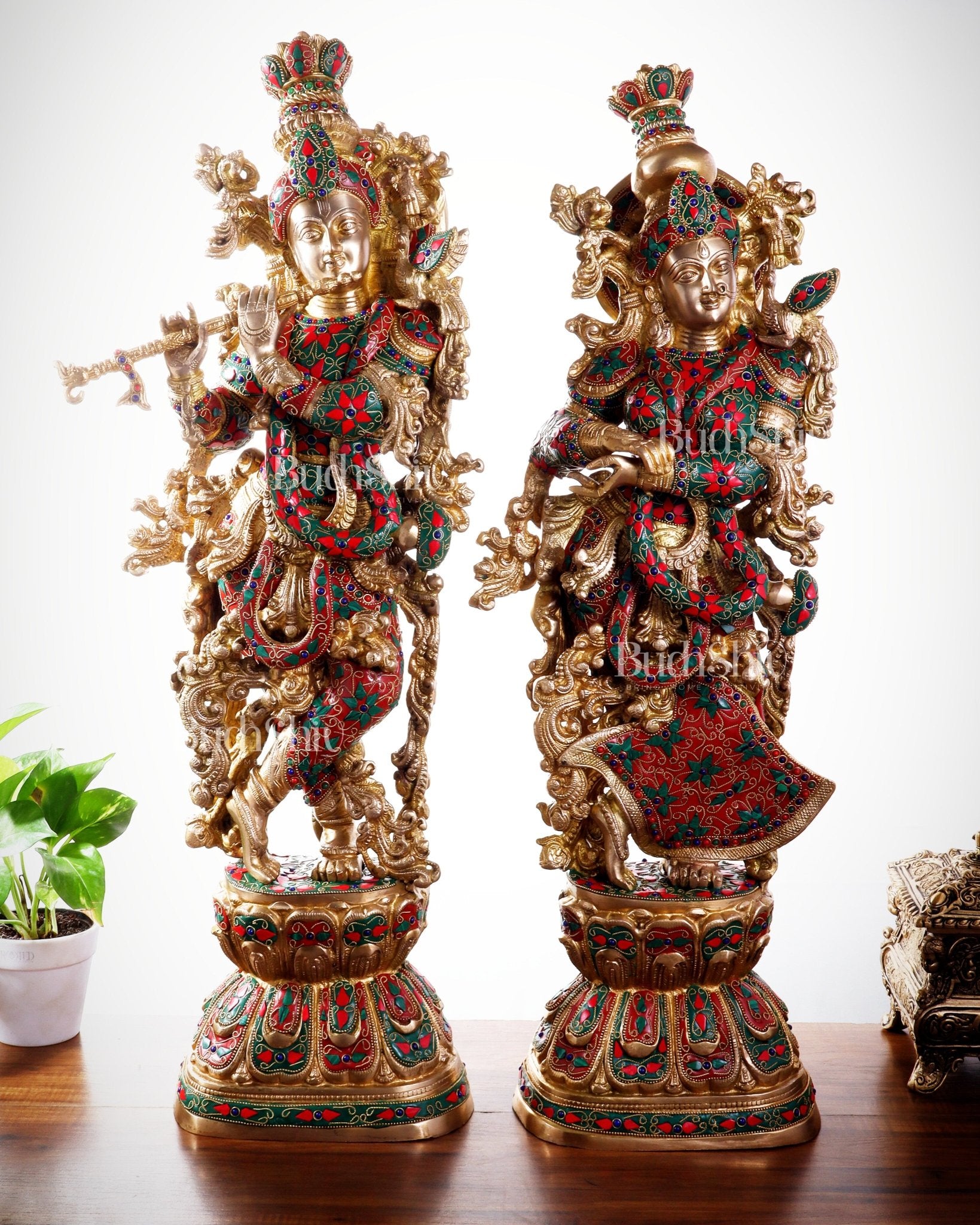 Pure Brass Radha Krishna Statue | 30" Floral stonework - Budhshiv.com