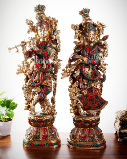Pure Brass Radha Krishna Statue | 30" Floral stonework - Budhshiv.com