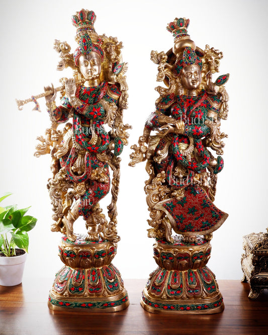 Pure Brass Radha Krishna Statue | 30" Floral stonework - Budhshiv.com