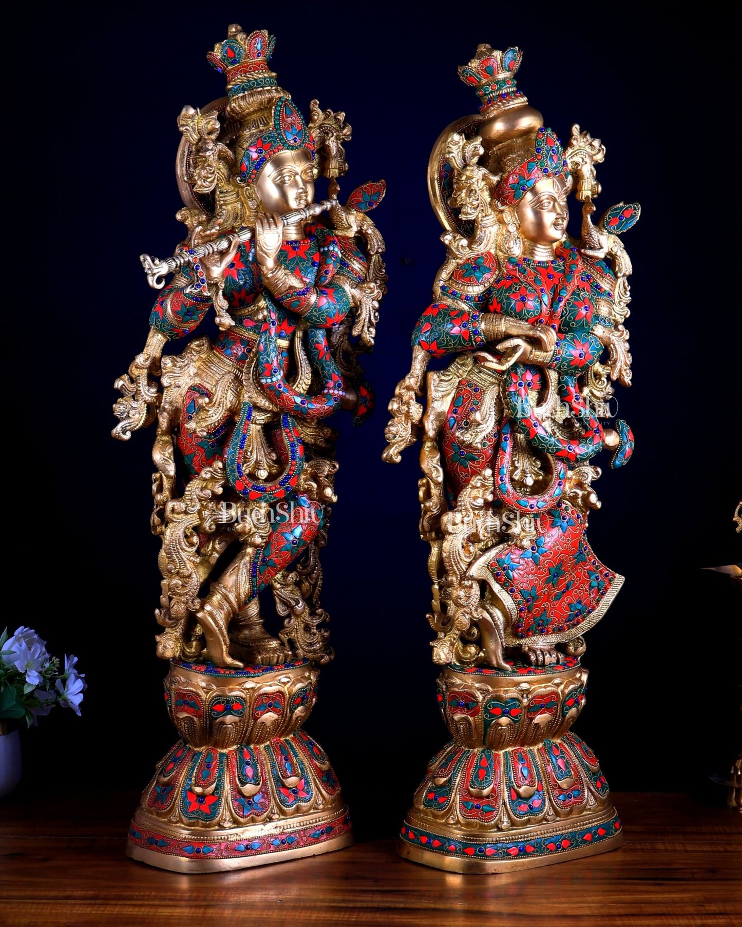 Pure Brass Radha Krishna Statue | 30" Floral stonework - Budhshiv.com