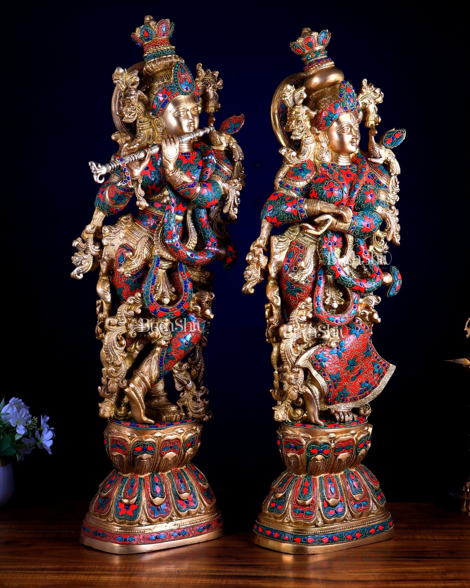 Pure Brass Radha Krishna Statue | 30" Floral stonework - Budhshiv.com