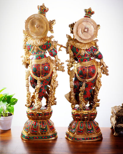 Pure Brass Radha Krishna Statue | 30" Floral stonework - Budhshiv.com