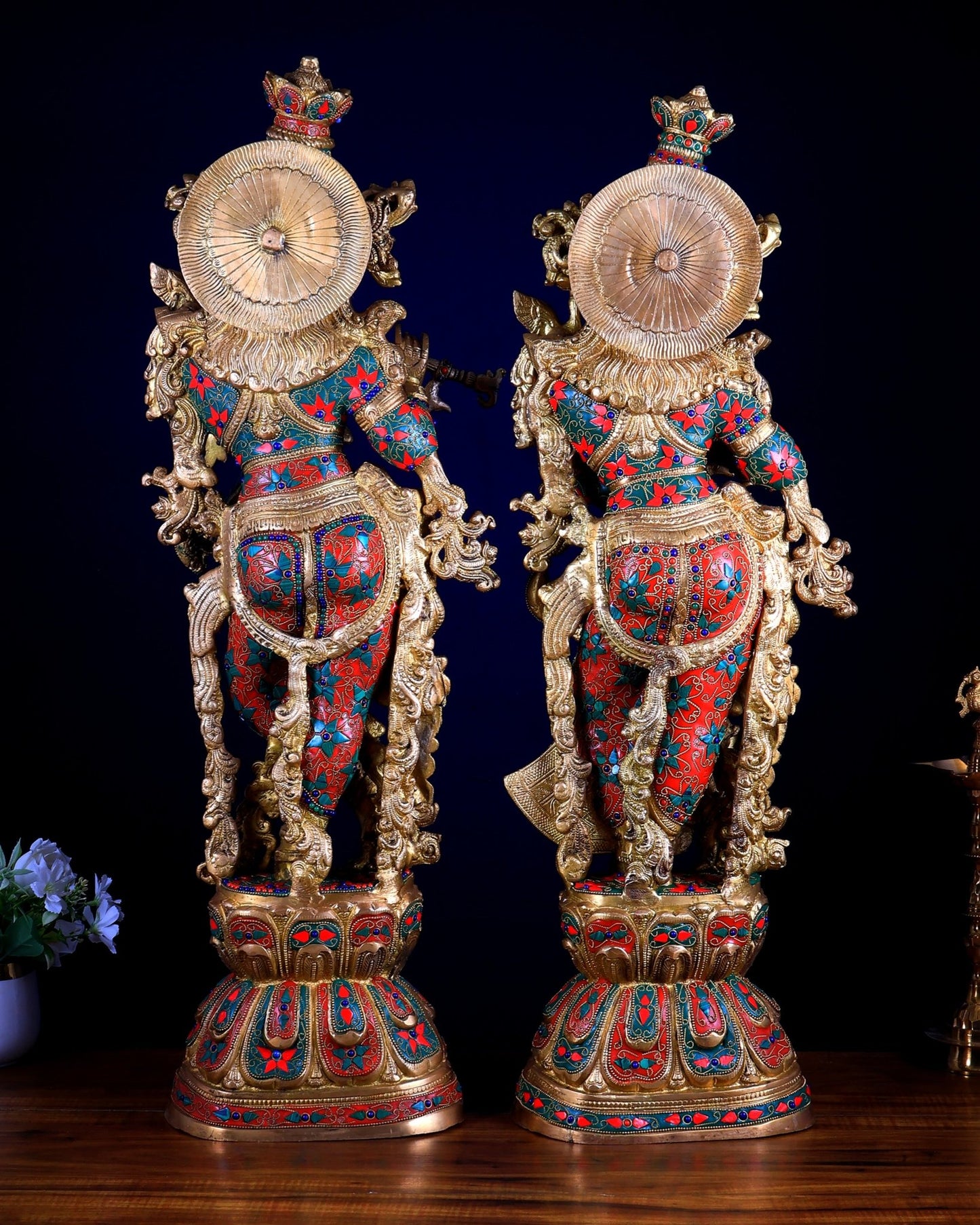 Pure Brass Radha Krishna Statue | 30" Floral stonework - Budhshiv.com