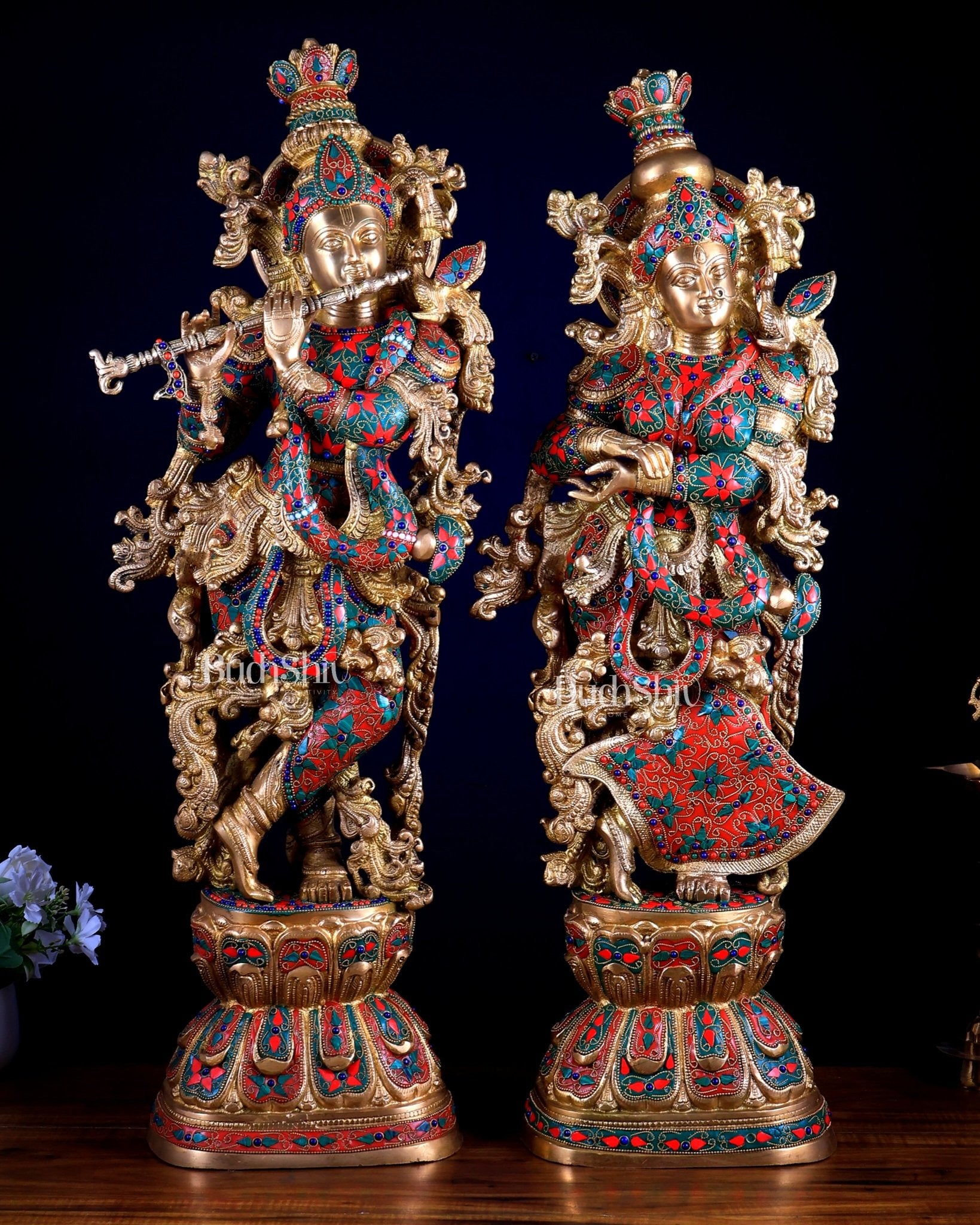 Pure Brass Radha Krishna Statue | 30" Floral stonework - Budhshiv.com
