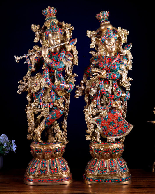 Pure Brass Radha Krishna Statue | 30" Floral stonework - Budhshiv.com