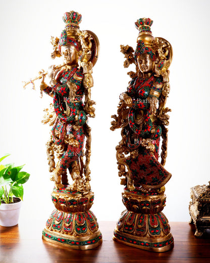 Pure Brass Radha Krishna Statue | 30" Floral stonework - Budhshiv.com