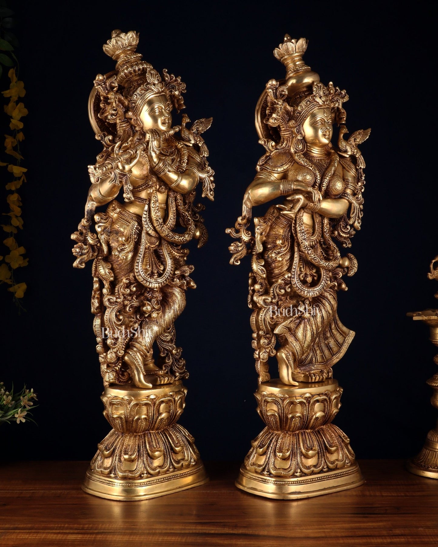 Pure Brass Radha Krishna Statue | 30" pair superfine carvings - Budhshiv.com