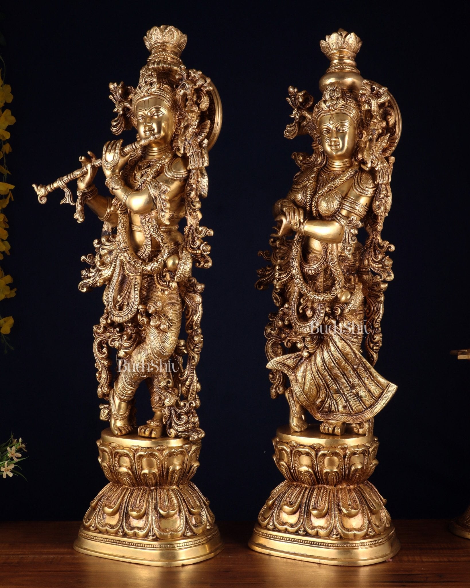 Pure Brass Radha Krishna Statue | 30" pair superfine carvings - Budhshiv.com