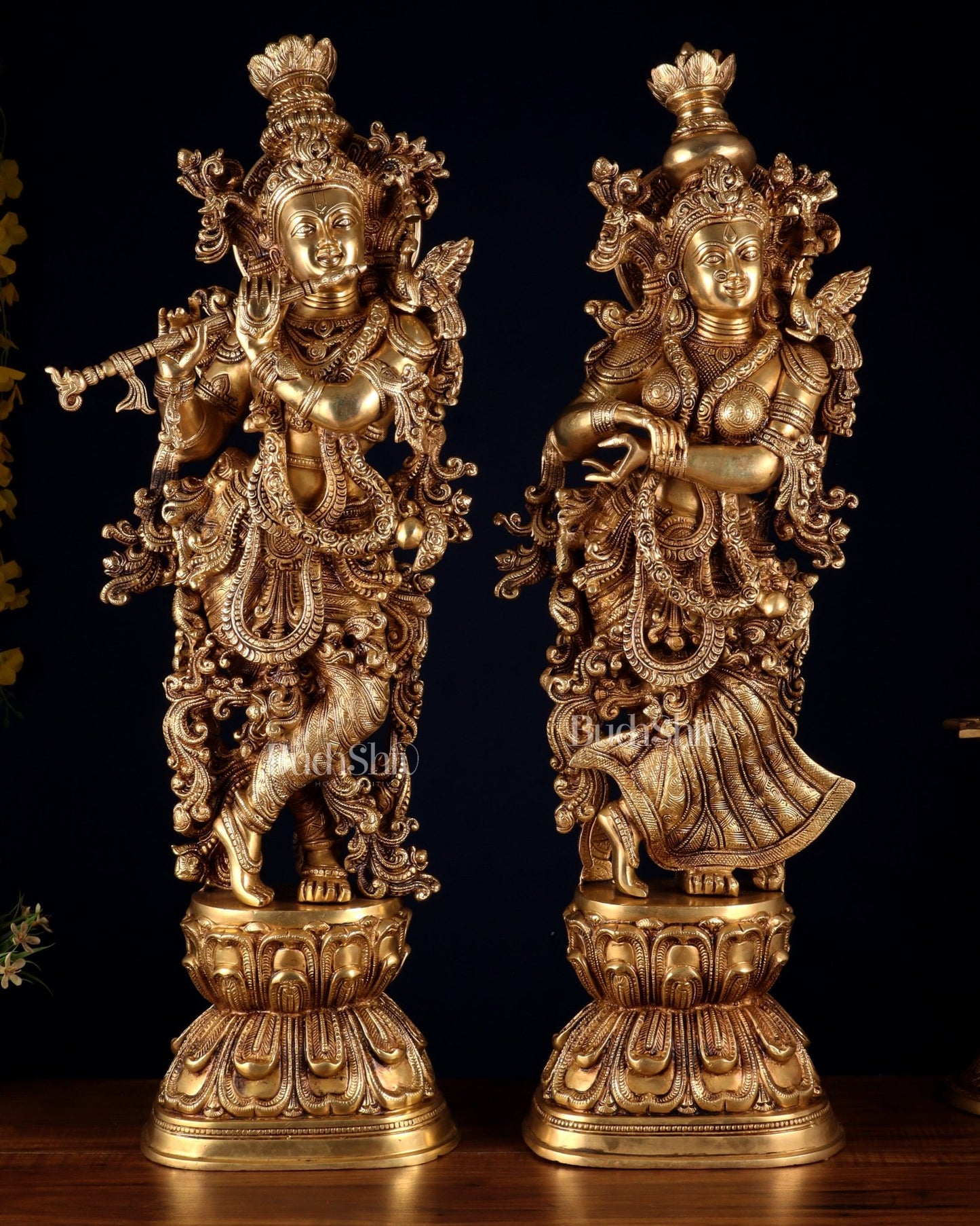 Pure Brass Radha Krishna Statue | 30" pair superfine carvings - Budhshiv.com