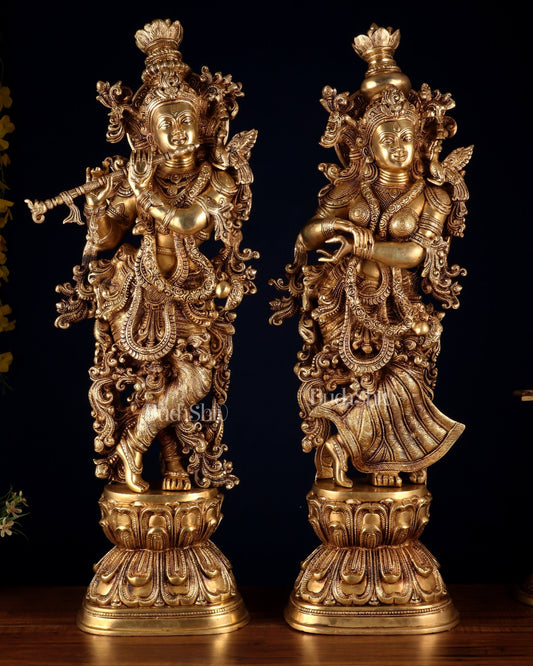 Pure Brass Radha Krishna Statue | 30" pair superfine carvings - Budhshiv.com